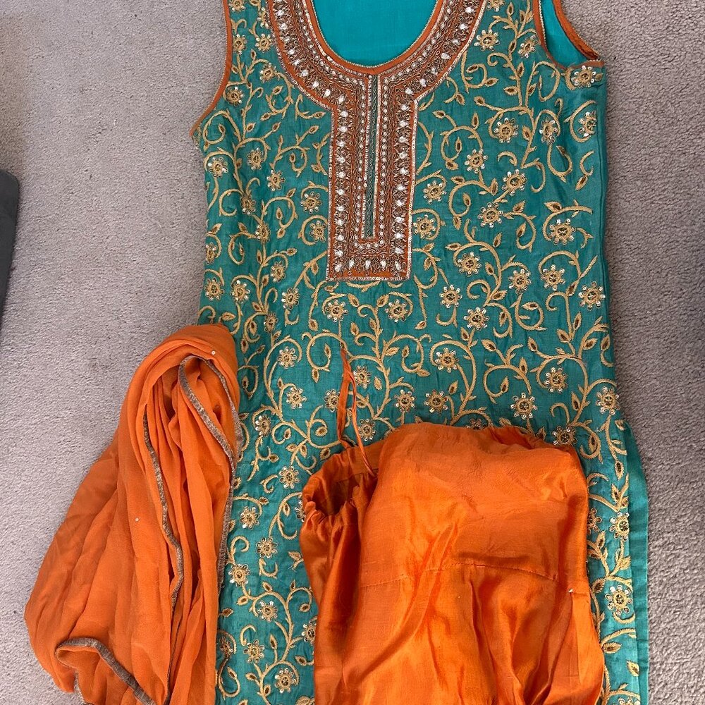 Embroidered Green and Orange Salwar Suit